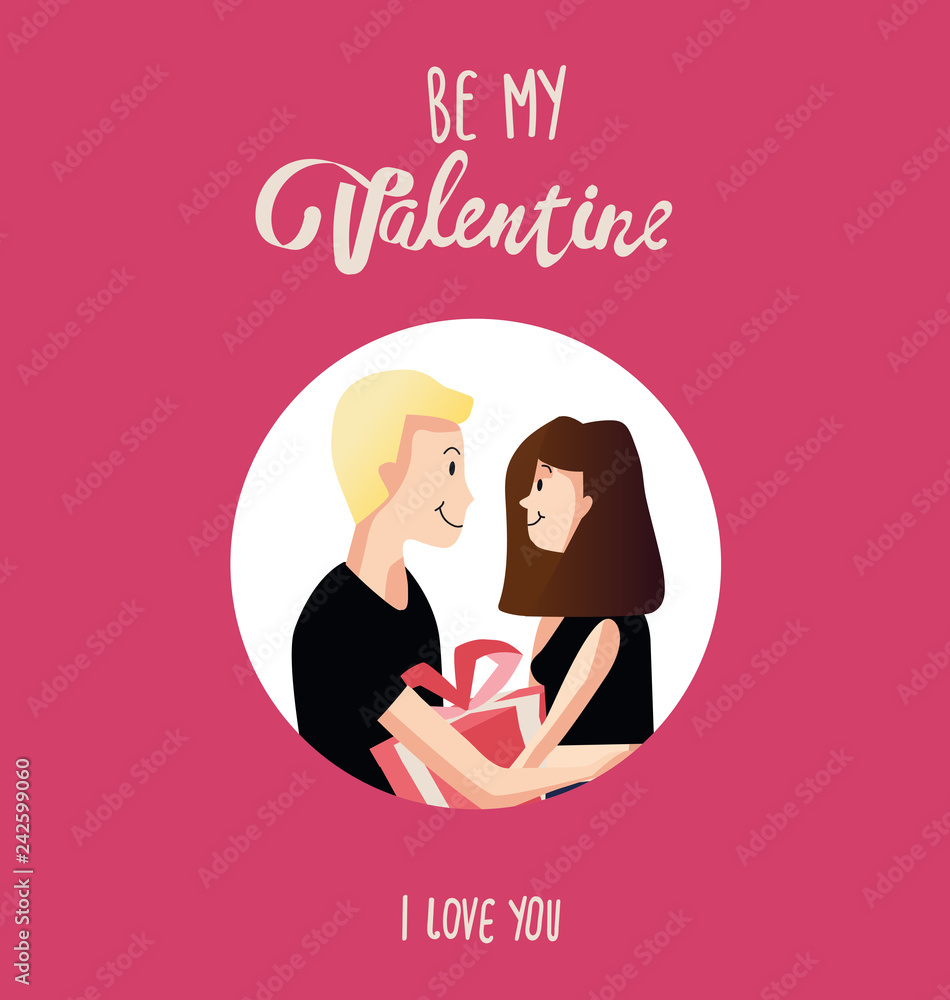 Happy young couple in love in flat style design, card for Valentines Day. Vector illustration of lovers, man and woman with love. 14 february, surprise Happy young couple in love in flat style design, card for Valentines Day. Vector illustration of lovers, man and woman with love. 14 february, surprise