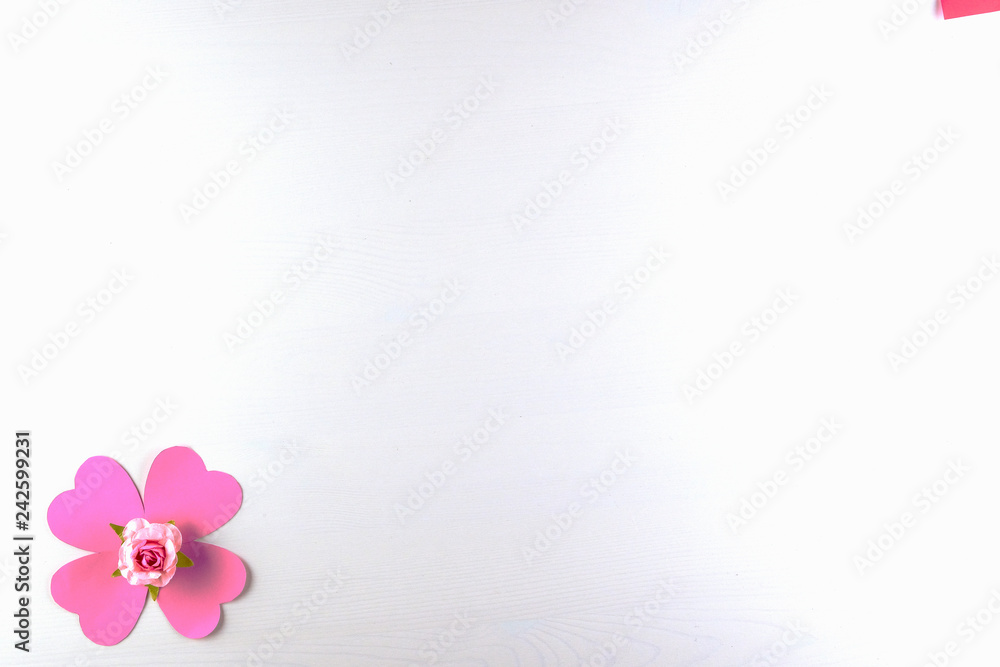 Hand-made pink love hearts isolated on white wooden texture background, Happy valentine's day. holiday background, Flat lay, top view, copy space Hand-made pink love hearts isolated on white wooden texture background, Happy valentine's day. holiday background, Flat lay, top view, copy space