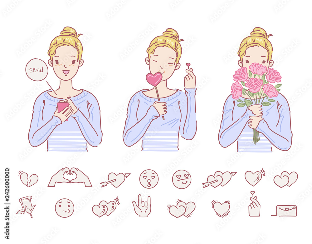 Love women holding flowers hands female. Is sending messages. Hand symbols little heart. icon for the love set. vector design of hand drawn style. cartoon illustrations. Love women holding flowers hands female. Is sending messages. Hand symbols little heart. icon for the love set. vector design of hand drawn style. cartoon illustrations.