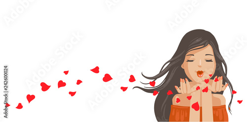 Woman kissing blowing kiss from her hand. Red heart shaped blown. Portrait of nice positive attractive sweet tender. Beautiful haired girl black hair, sending air kiss, red lips and manicured nail
