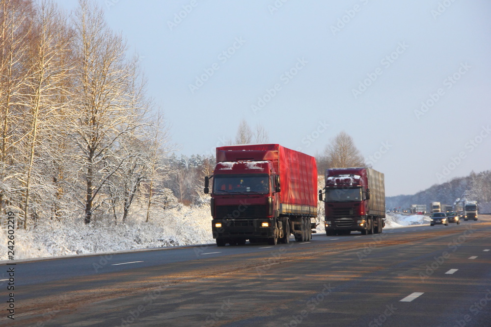 Obraz Front view red trucks on European winter road - four lane asphalt highway on snowy trees and blue sky background