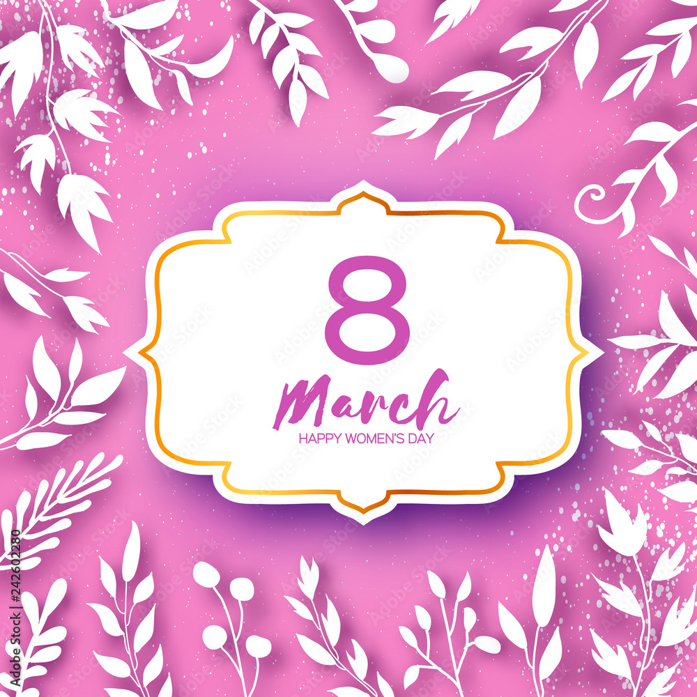 8 March Greetings card. International Womens Day. Realistic Floral Paper cut white leaves. Floral bouquet. Frame. Text. Origami Spring Seasonal Holidays on pink. Happy Mothers Day. 8 March Greetings card. International Womens Day. Realistic Floral Paper cut white leaves. Floral bouquet. Frame. Text. Origami Spring Seasonal Holidays on pink. Happy Mothers Day.