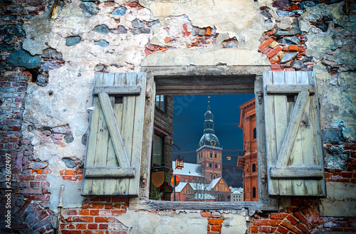 Collage of images taken from medieval brick wall background and Dome square i...