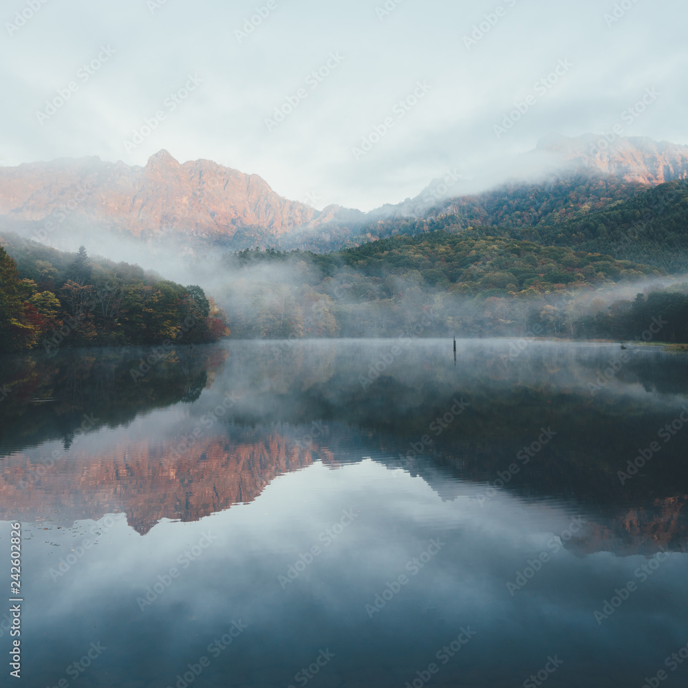 朝靄の鏡池 秋の戸隠 長野 Kagami Ike Mirror Pond In Morning Mist Nagano Japan Stock Photo Adobe Stock