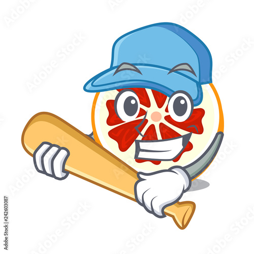 Playing baseball grapefruit in a cartoon fruit basket