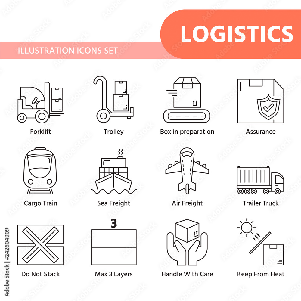 Logistic outline icon set for worldwide logistics and shipping business concept. Logistic outline icon set for worldwide logistics and shipping business concept.