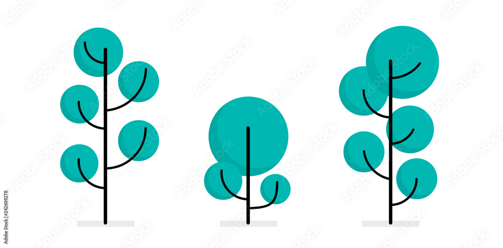 Flat trees in a flat design. Isolated on white. Vector icon set