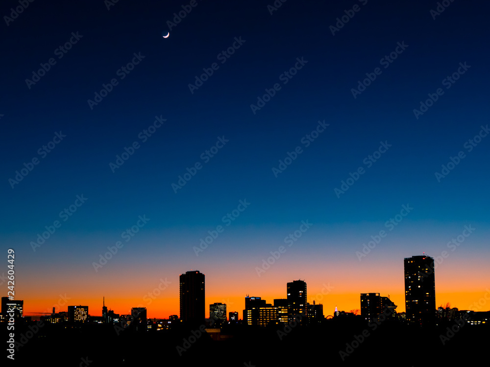 上野から見た新宿方面の夕景と三日月