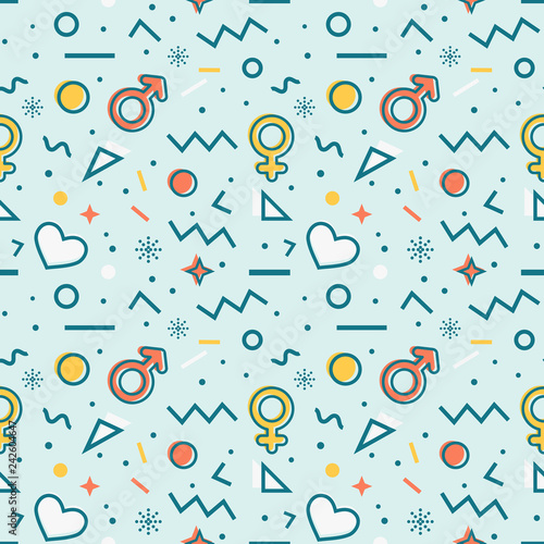 Seamless pattern with gender symbols and hearts. Vector.