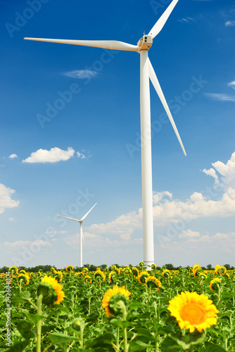 The wind generator in sunflower field. Beautiful landscape with bright cloudy sky. Eco energy concept.