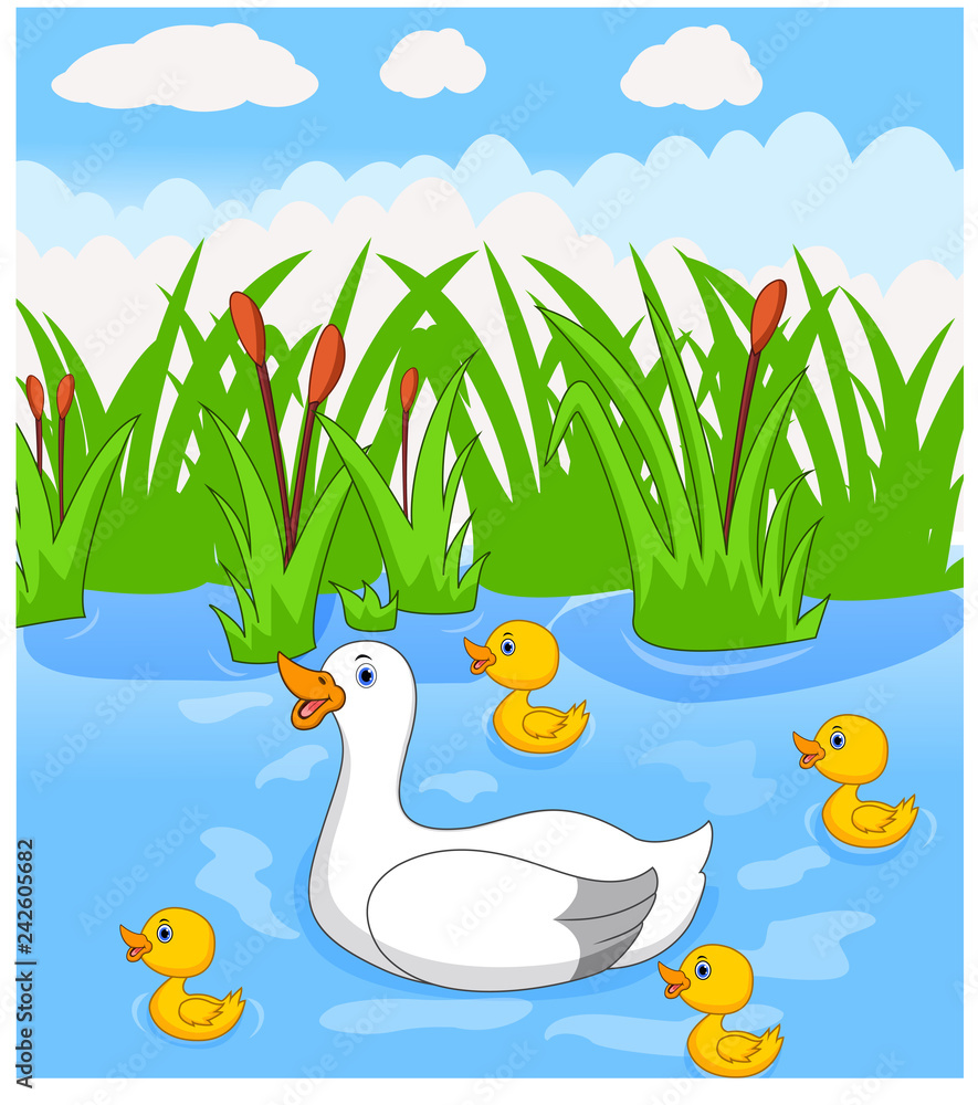 Duck cartoon swims with her four little cute ducklings in the river Stock  Illustration | Adobe Stock