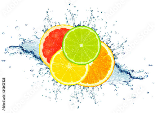 lemon, orange, lime and grapefruit slice water splash isolated on white