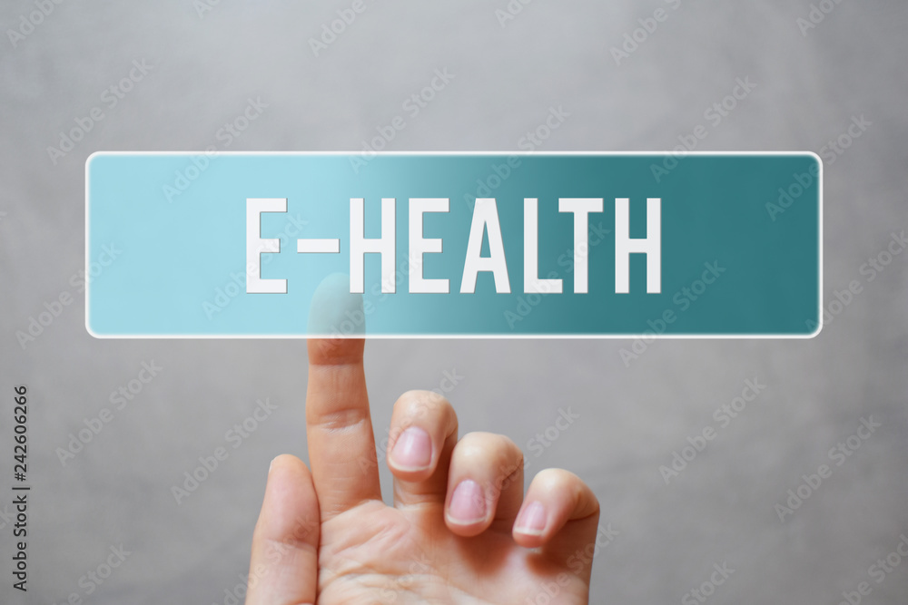 E- health - finger pressing blue transparent button on virtual touchscreen interface on gray background with copy space for text. Digital mobile healthcare and medical technology network concept. E- health - finger pressing blue transparent button on virtual touchscreen interface on gray background with copy space for text. Digital mobile healthcare and medical technology network concept.