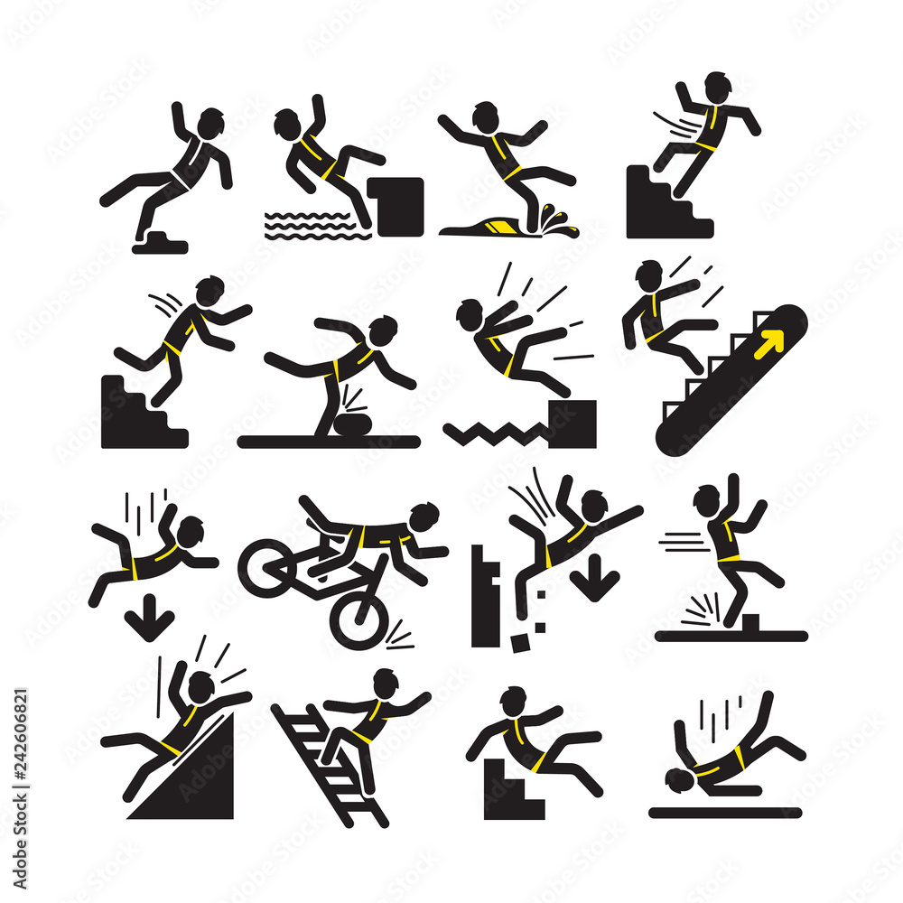 Vector set of black linear man falling and hitting in various situations in concept of warning signs on white background