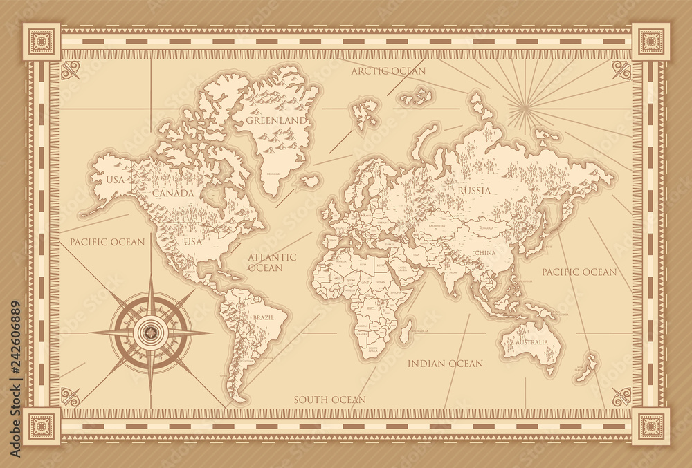 Classic style of world map with compass and ornamental frame in brown monochrome