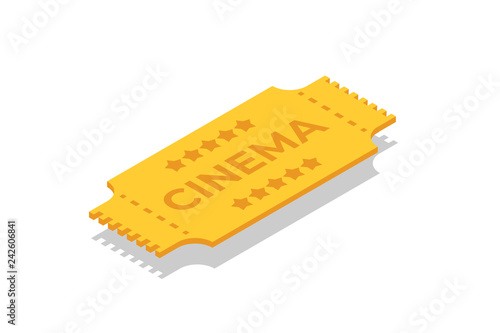 Cinema ticket isometric icon, design template. Vector illustration