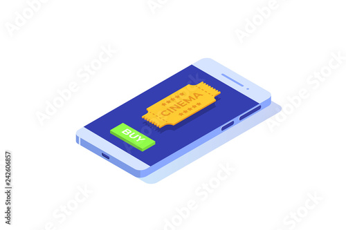 Cinema ticket isometric icon, design template. Vector illustration