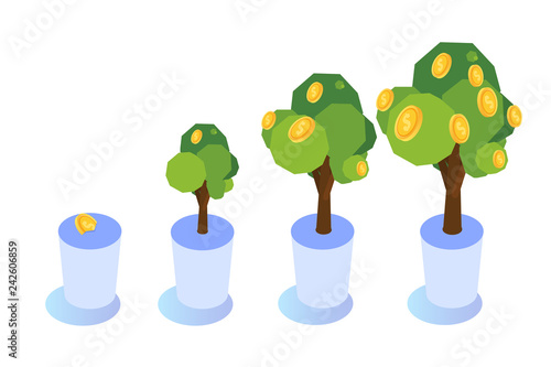 Money tree with coins growing, Business investment icon isometric concept.