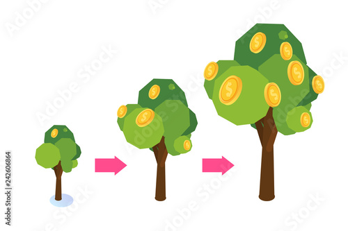 Money tree with coins growing, Business investment icon isometric concept.