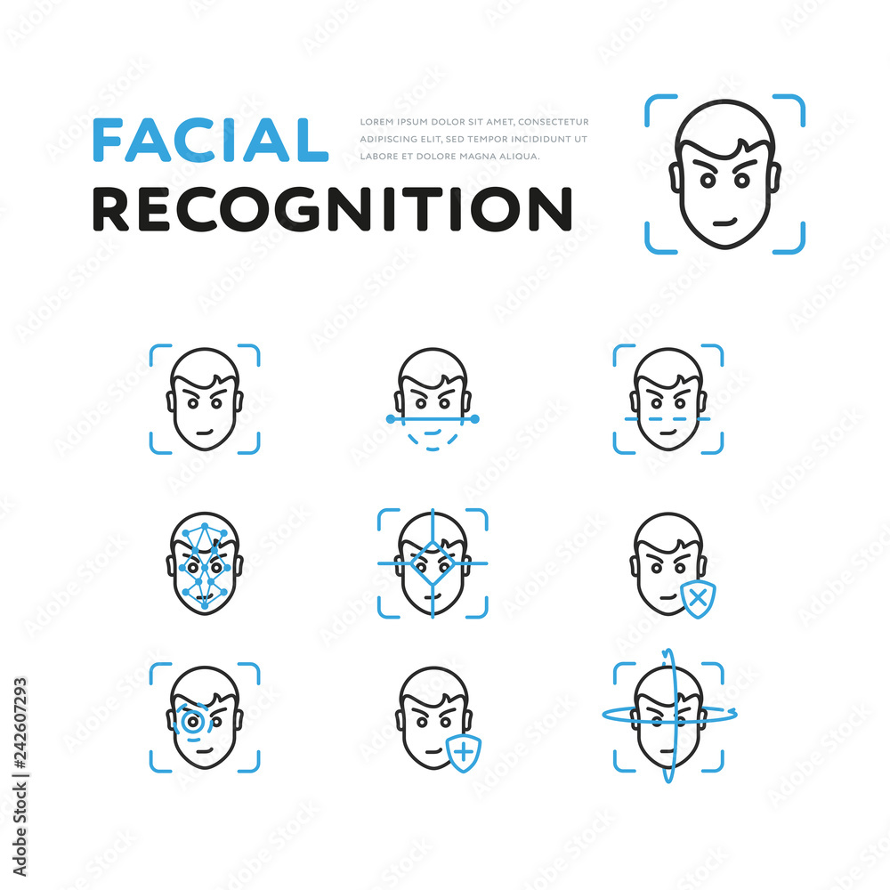 Set of icons showing scans of face for recognition isolated on white background 