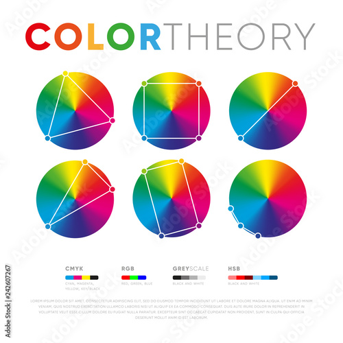 Set of various colorful circles showing combinations and colors relationship in theory 