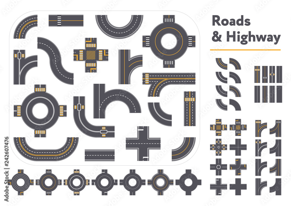 Set of different intersections and road pieces in graphic style isolated on white background - obrazy, fototapety, plakaty 