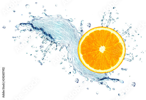 Orange slice splash water isolated on a white background