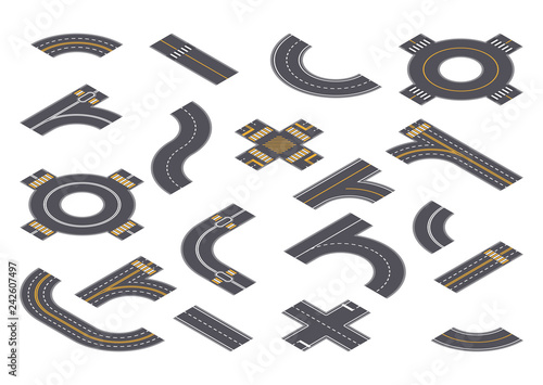 Vector design in isometry of different elements for roadway building isolated on white background