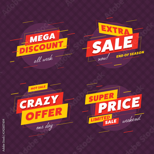Collection of vivid red and yellow colored banners for super sales on purple background
