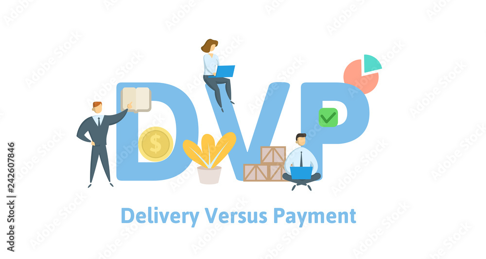 DVP, Delivery Versus Payment. Concept with keywords, letters and icons. Colored flat vector illustration. Isolated on white background. DVP, Delivery Versus Payment. Concept with keywords, letters and icons. Colored flat vector illustration. Isolated on white background.