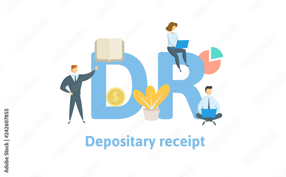 DR, Depositary Receipt. Concept with keywords, letters and icons. Colored flat vector illustration. Isolated on white background.
