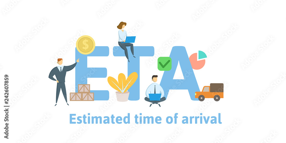 ETA, Estimated Time of Arrival. Concept with keywords, letters and icons. Colored flat vector illustration. Isolated on white background.