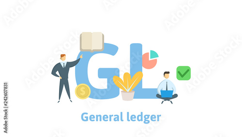 GL, General Ledger. Concept with keywords, letters and icons. Colored flat vector illustration. Isolated on white background.