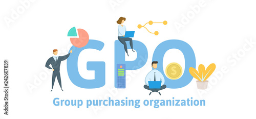 GPO, Group Purchasing Organization. Concept with keywords, letters and icons. Colored flat vector illustration. Isolated on white background.