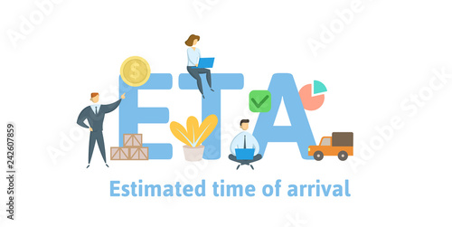 ETA, Estimated Time of Arrival. Concept with keywords, letters and icons. Colored flat vector illustration. Isolated on white background.