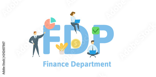 FDP, Finance Department. Concept with keywords, letters and icons. Colored flat vector illustration. Isolated on white background.
