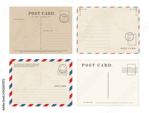 Composed graphic set of various postcards with blank writing area on white background