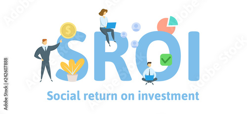 SROI, Social Return On Investment. Concept with keywords, letters and icons. Colored flat vector illustration. Isolated on white background.