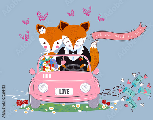 Fototapeta Naklejka Na Ścianę i Meble -  Cute fox couple,Just married,All you need is love in wedding dress,decorated with heart,balloon and flower bouquet,driving pink car.Valentine's concept.