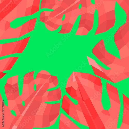 Abstract vector illustration with monstera leaves in living coral color.