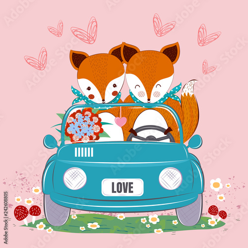 Cute fox couple driving a car ,decorated with flowers,bouquet and heart.Valentine's concept.