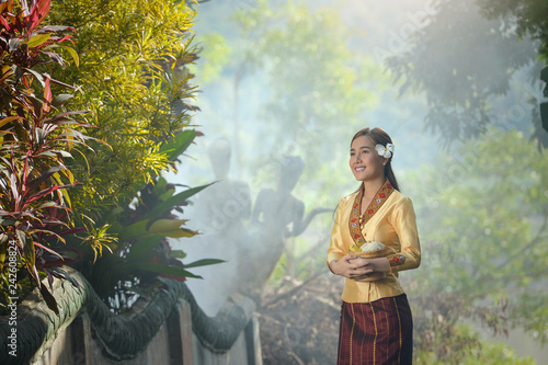 woman wearing laos traditional dress costume,vintage style,Laos culture,Laos