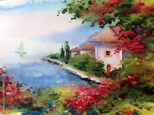 Watercolor colorful bright textured abstract background handmade . Mediterranean landscape . Painting of architecture and vegetation of the sea coast , made in the technique of watercolors from nature photo