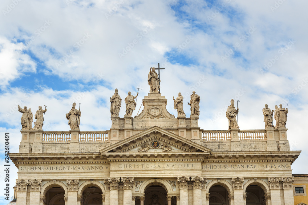 Detail of facade with statues of Basilica di San Giovanni in Laterano. Rome. Italy