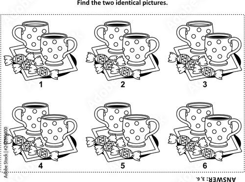 IQ training find the two identical pictures with tea cups and candy visual puzzle and coloring page. Answer included.
