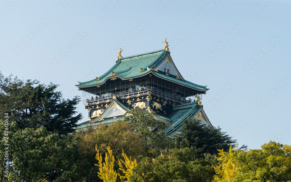 Osaka castle, the magnificent ancient destinations in  Japan. The weather is cold with blue sky in autumn, and the environment is bright when the ginko trees change the green leaves into yellow color.