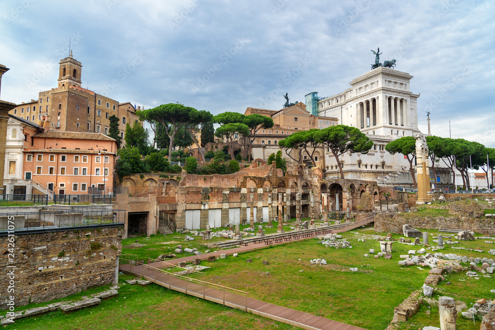 Ruins of Roman Forum. Temple of Antoninus and Faustina and Roman columns. Rome. Italy