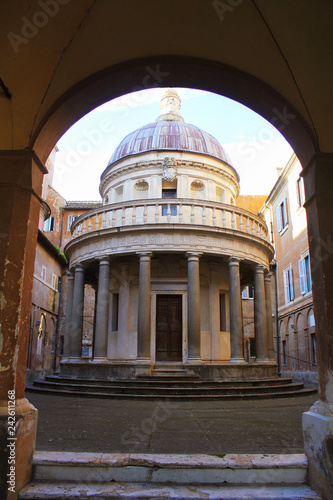 Exterior view of famous reinassance bramante masterpiece tempietto located at San Pietro in Montorio courtyard, Rome, Italy photo