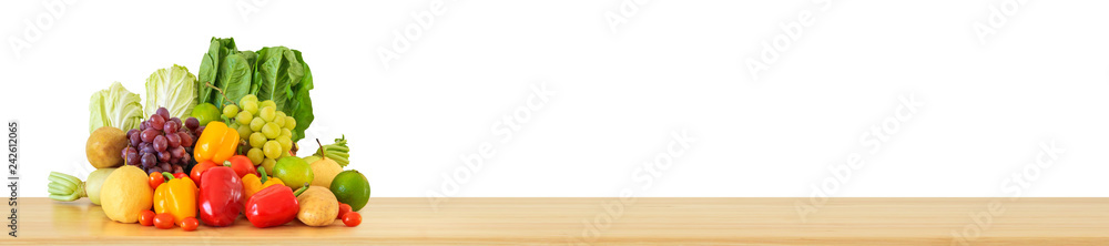 Fresh fruits and vegetables grocery product on wood table isolated on white background