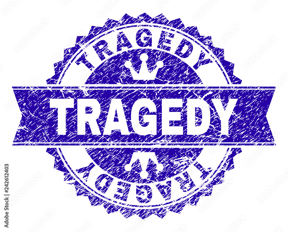 TRAGEDY rosette stamp seal watermark with grunge texture. Designed with round rosette, ribbon and small crowns. Blue vector rubber watermark of TRAGEDY caption with retro style. TRAGEDY rosette stamp seal watermark with grunge texture. Designed with round rosette, ribbon and small crowns. Blue vector rubber watermark of TRAGEDY caption with retro style.